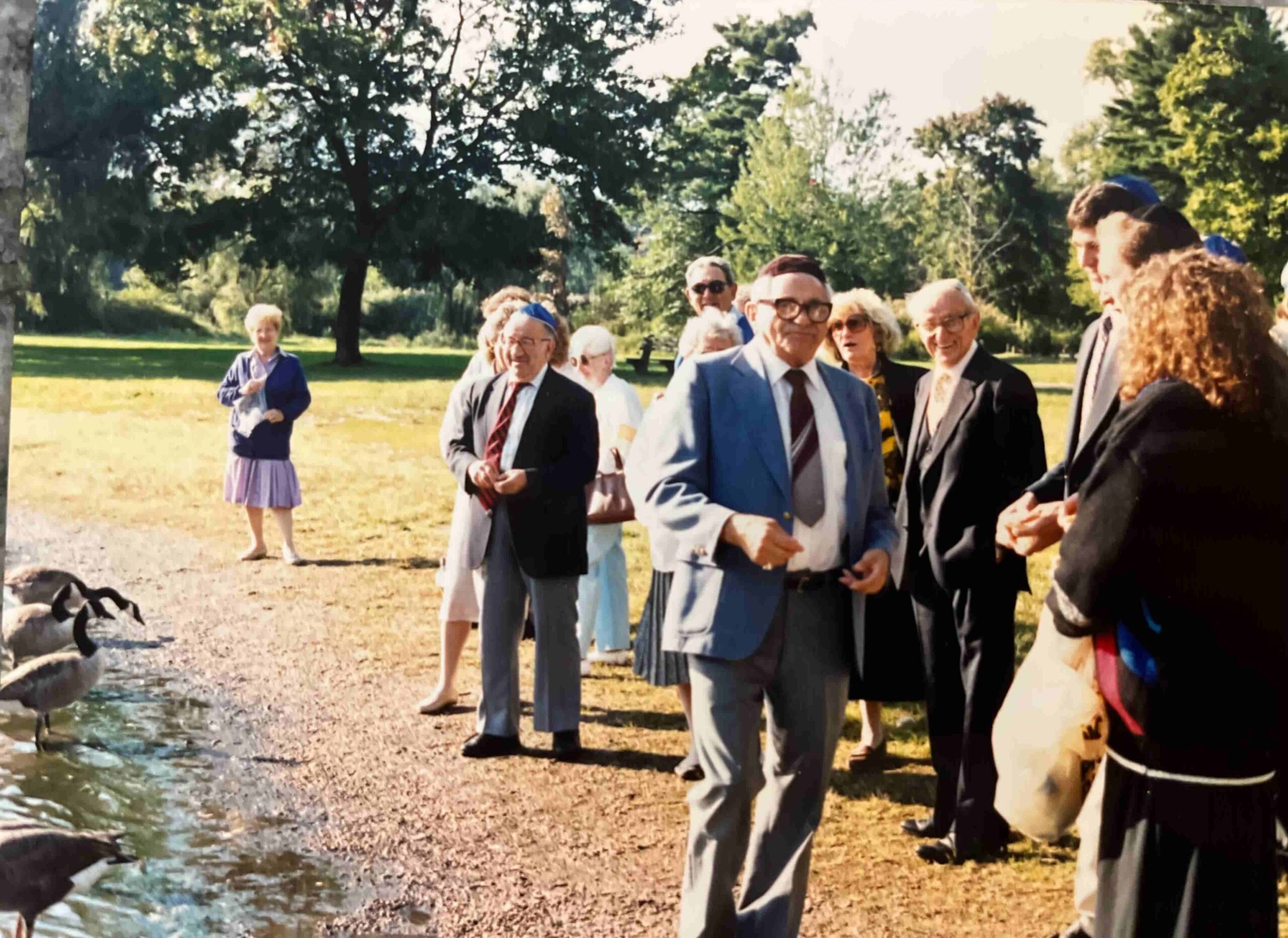 Group of Jewish Holocaust survivors and their children gathered at Edgewood Park in New Haven during Rosh Hashanah